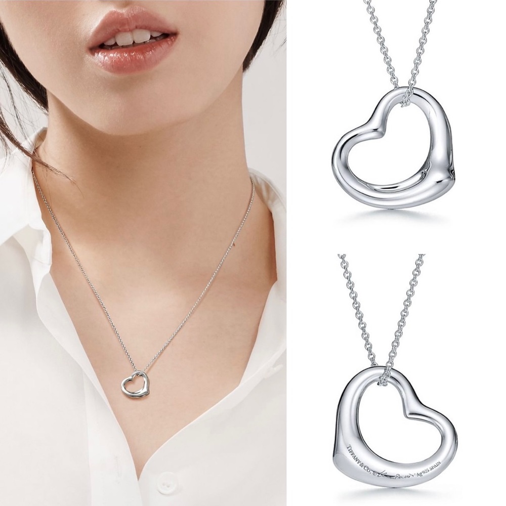 Tiffany & Co Elsa Peretti Open Heart Pendant Sterling Silver Necklace 16mm 18”